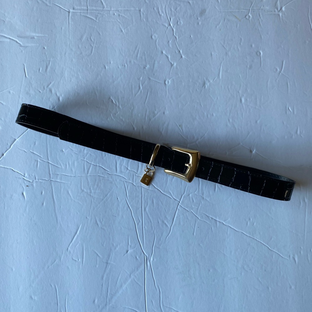 Black 1”W Faux Croc Leather Belt with Gold Buckle, Size: S